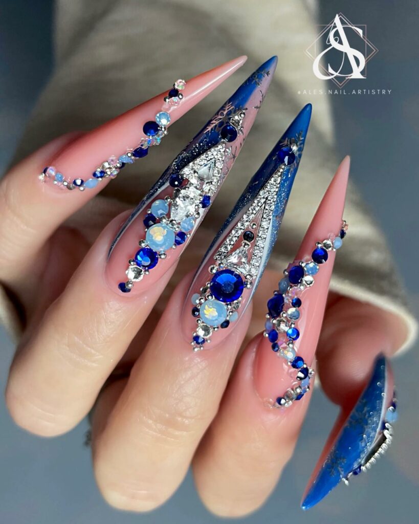 Royal Blue and Silver Stiletto Christmas Nails