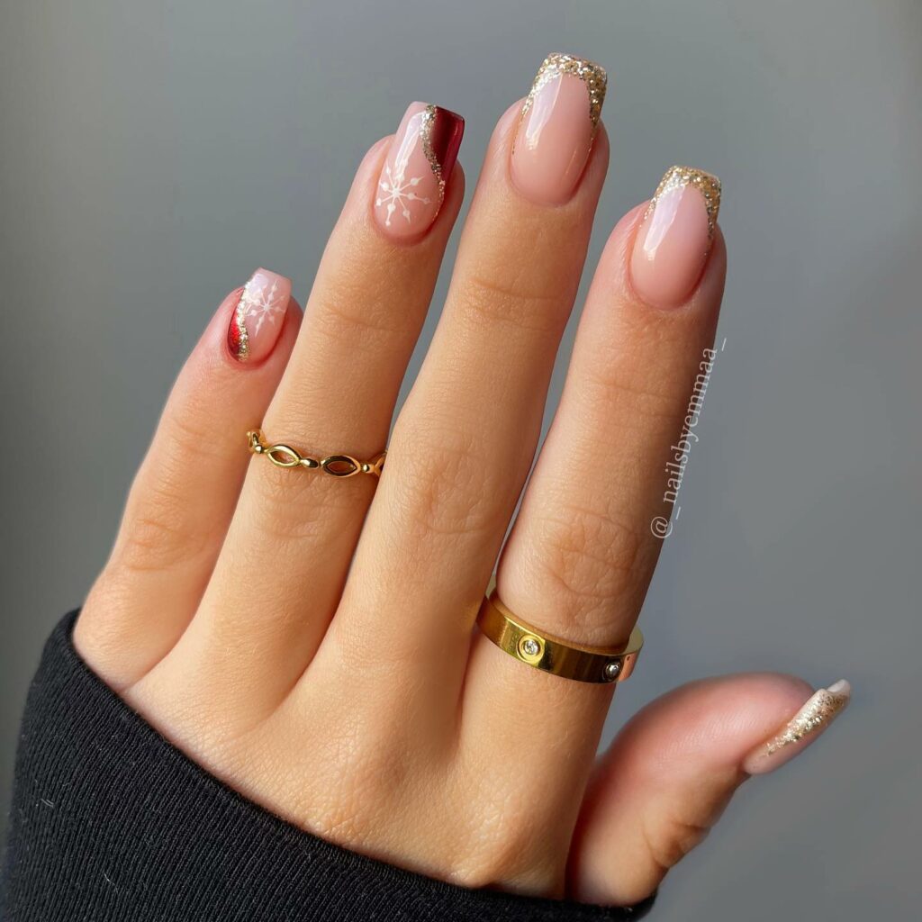 Short Red and Gold Christmas Nails