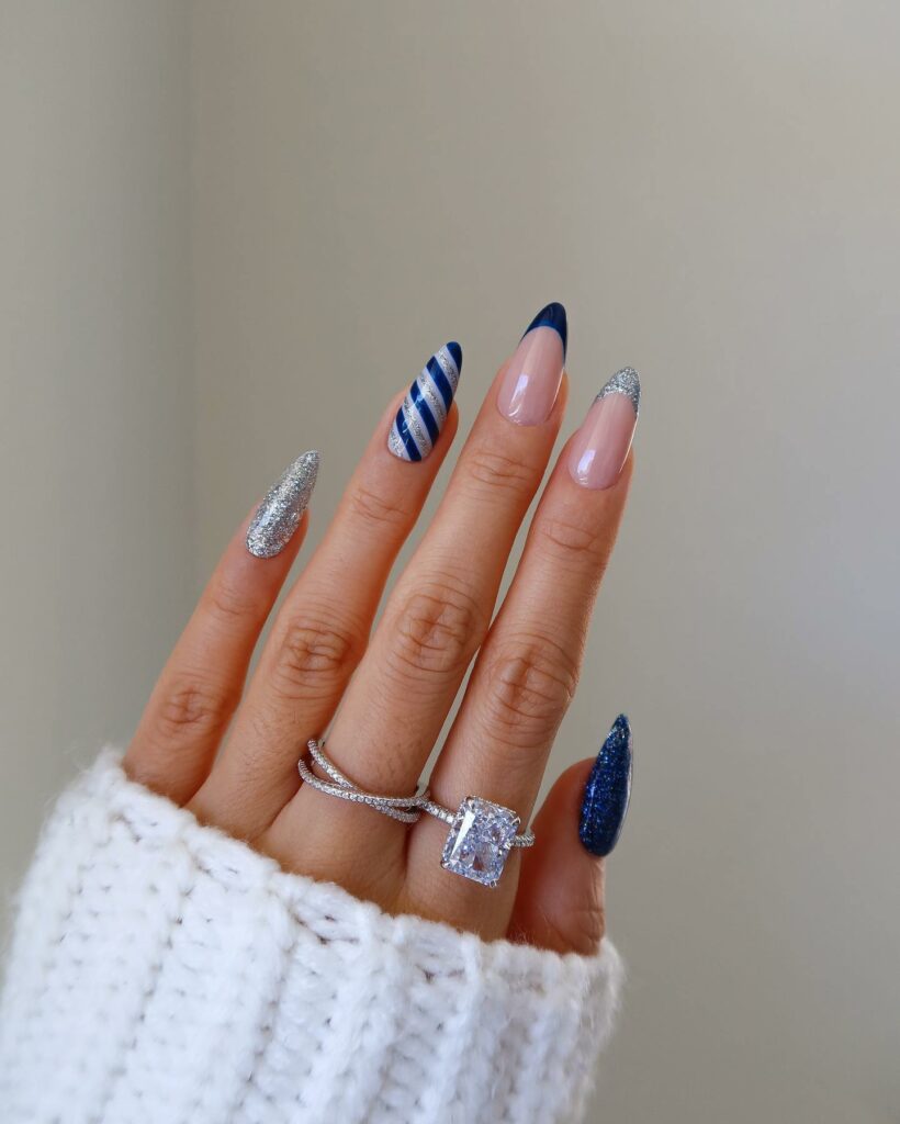 Silver and Blue Christmas Nails