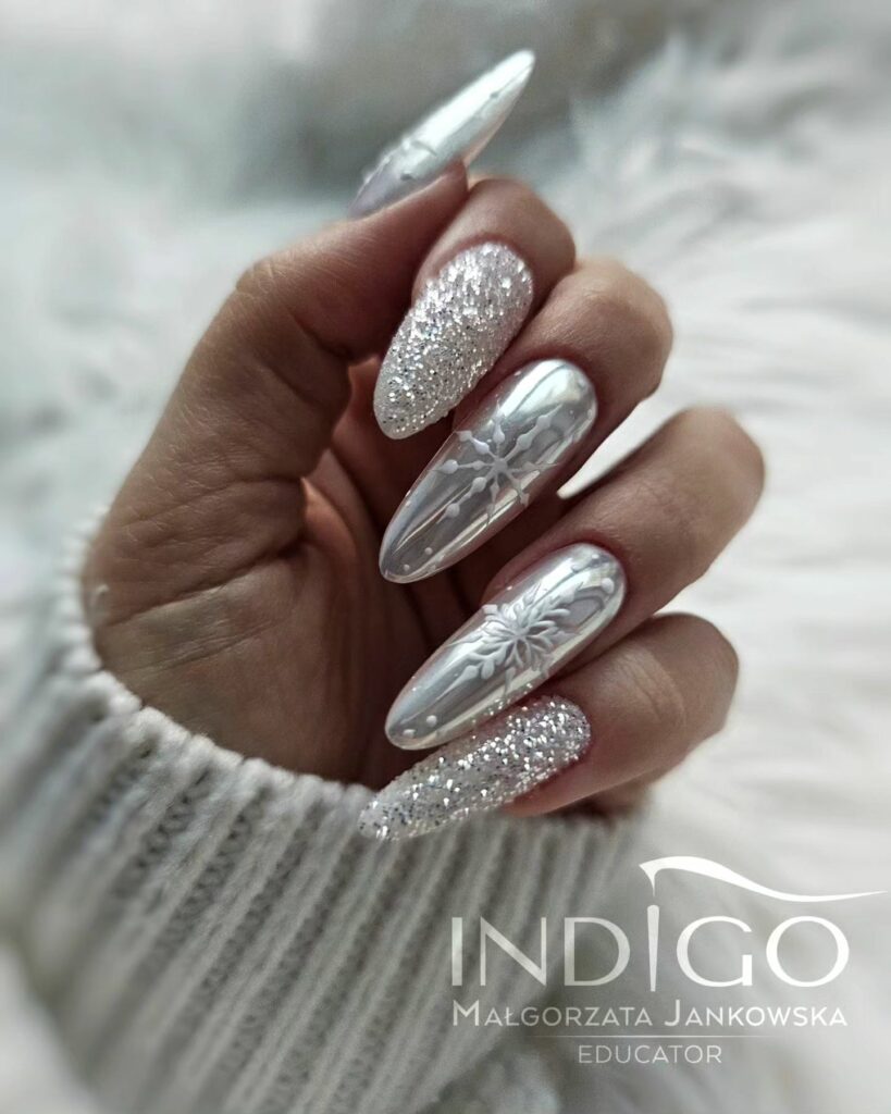 Sparkling Almond Silver Christmas Nails