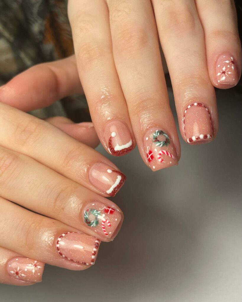 Sparkling Candy Cane and French Santa Hat Nails