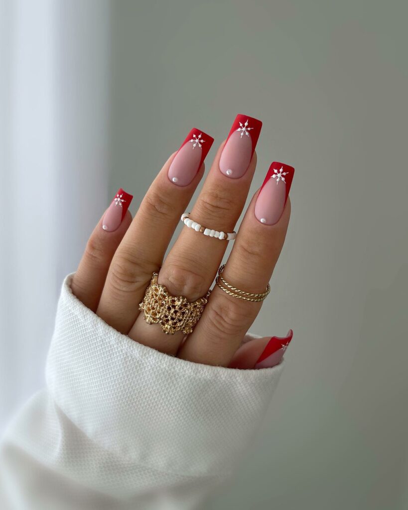 Square Red Christmas French Nails