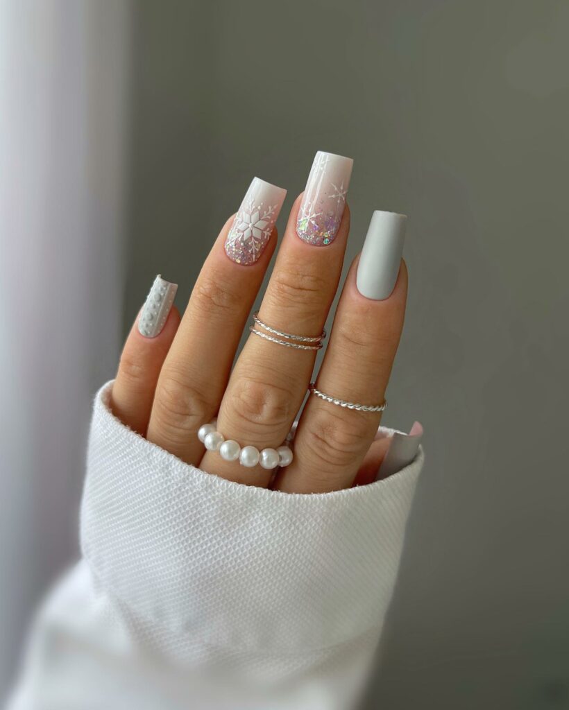 Square White and Grey Christmas Nails
