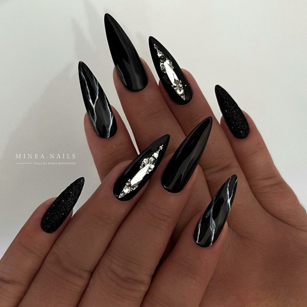 Stiletto Black Christmas Nails with Gems