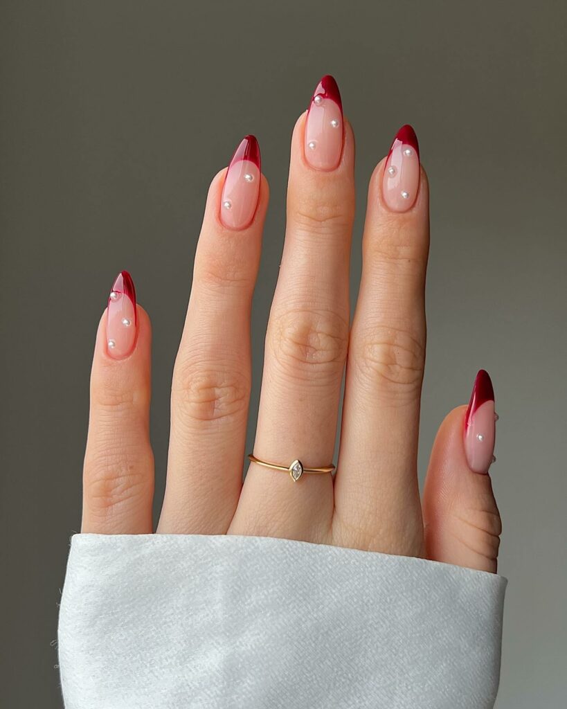 Subtle Christmas French Nails with Pearls