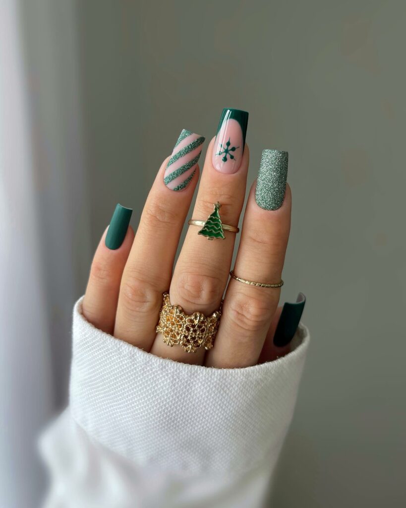 Textures and Hues in Green Christmas Nails