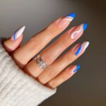 blue and white almond nails