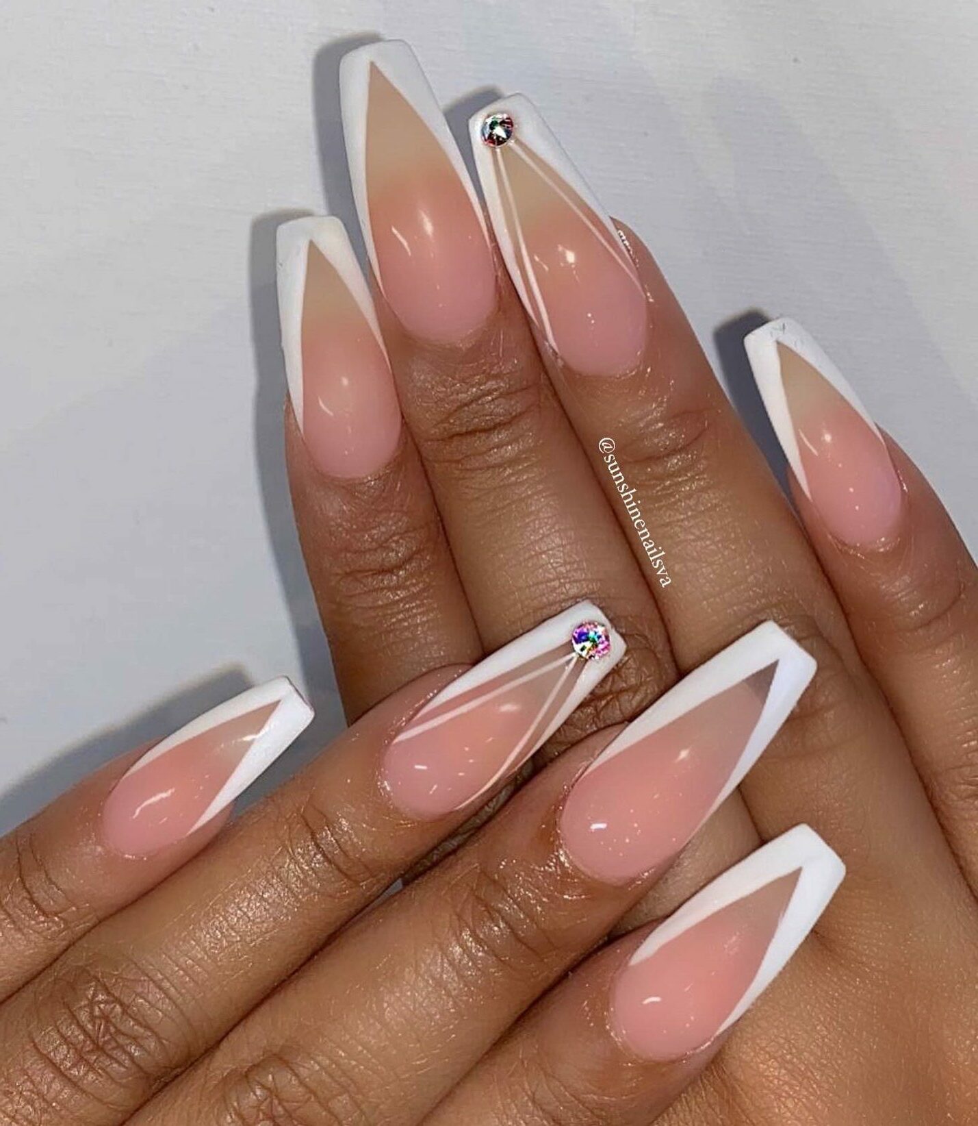 Mix It Up With Nude And White Tips Plus Rhinestones.