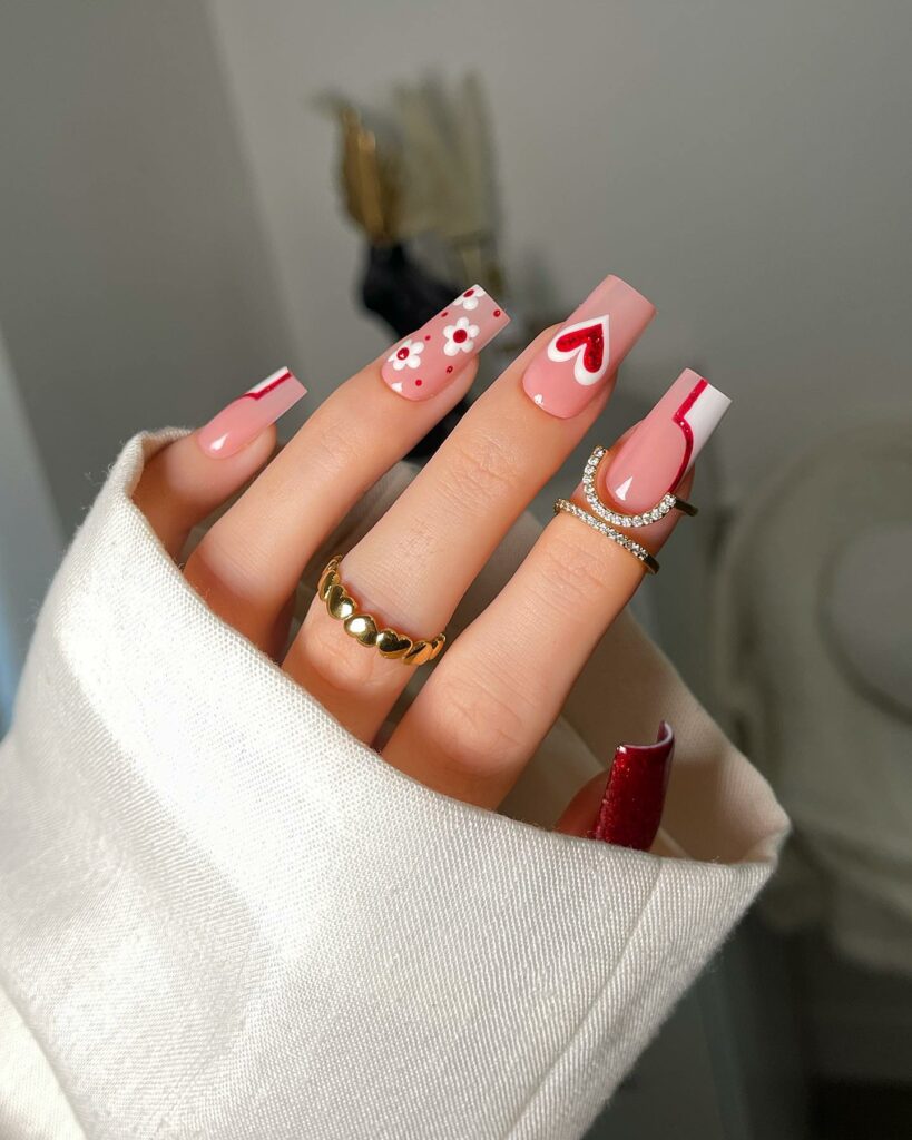 Passionate Petals: Red Hearts & Flowers on Square Nails