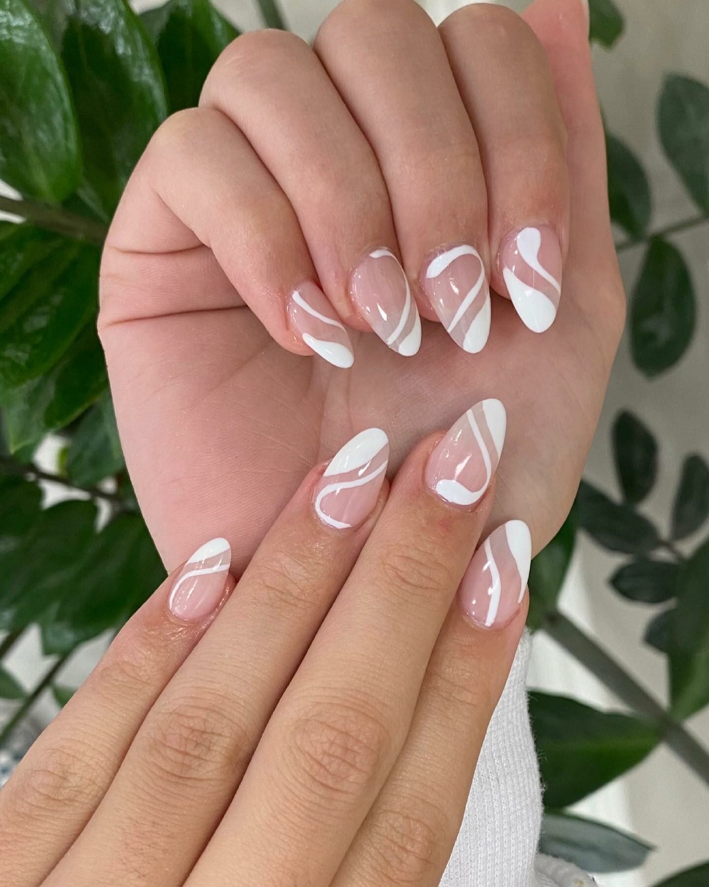 White Swirl Almond Nails
