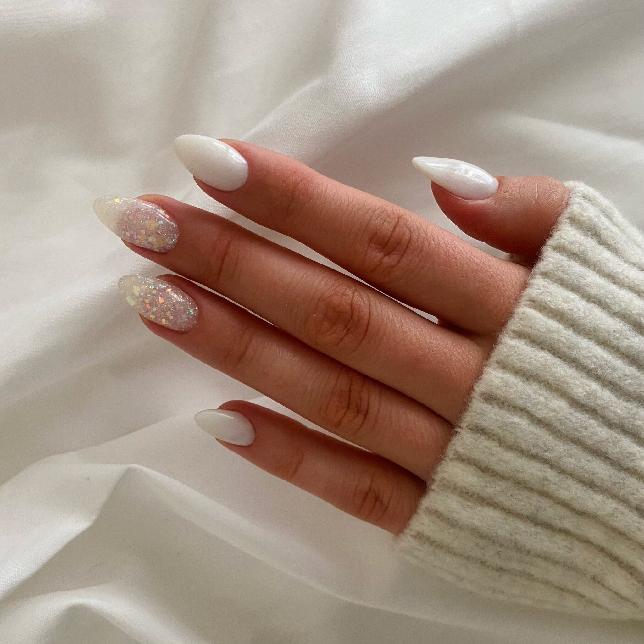 Almond white glitter nails