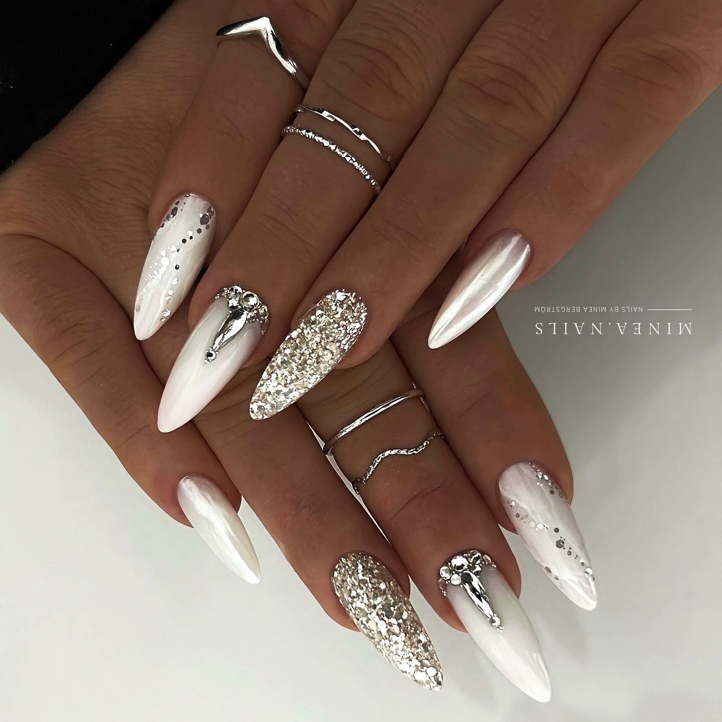 Silver Sparkle and White Stiletto Bridesmaid Nails