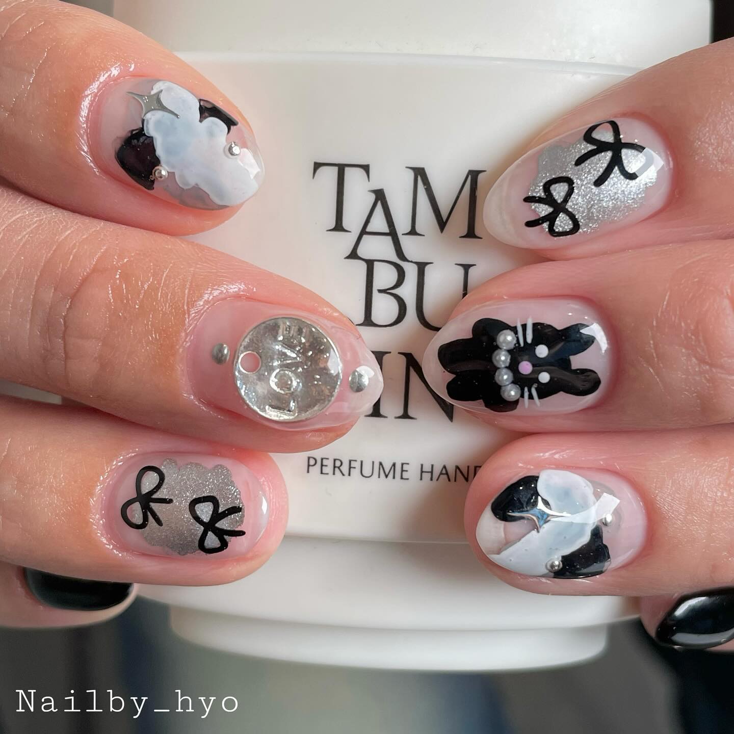 Chic Monochrome Ampersand Nail Art with Gems