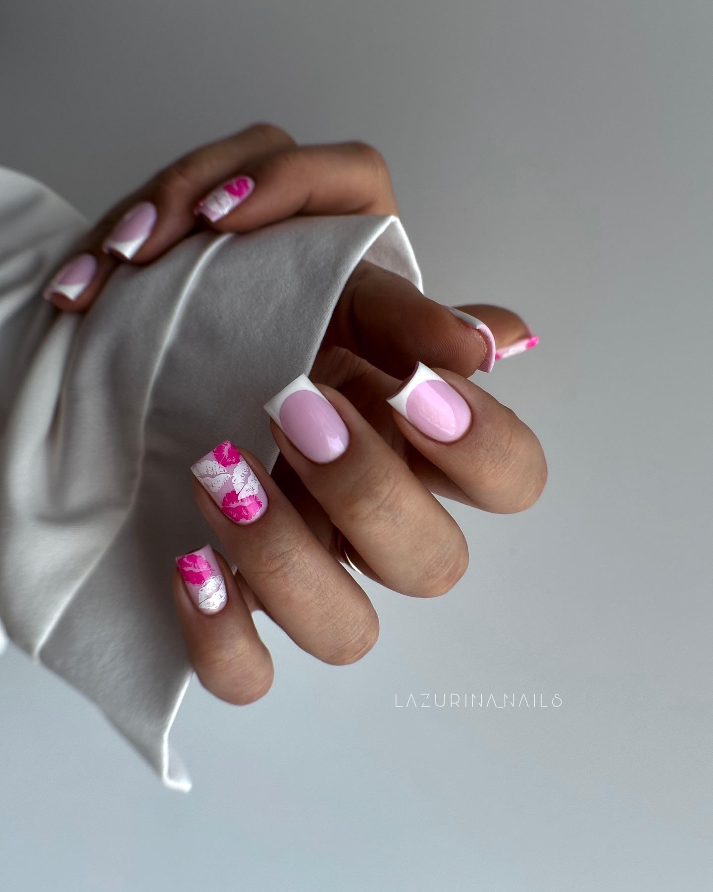 Chic Pink and White Abstract Nail Art