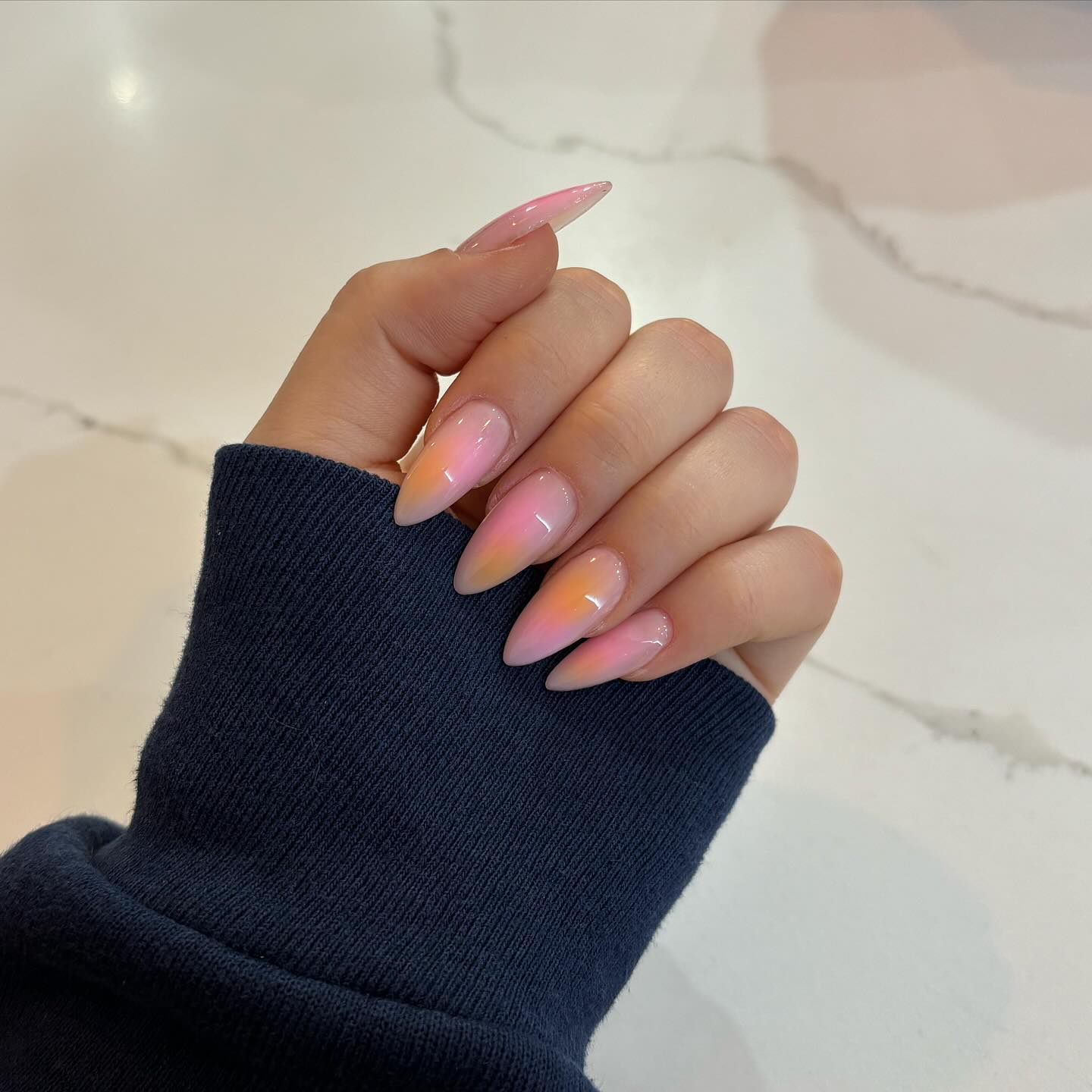 Chic Pink to White Ombre Almond-Shaped Nails
