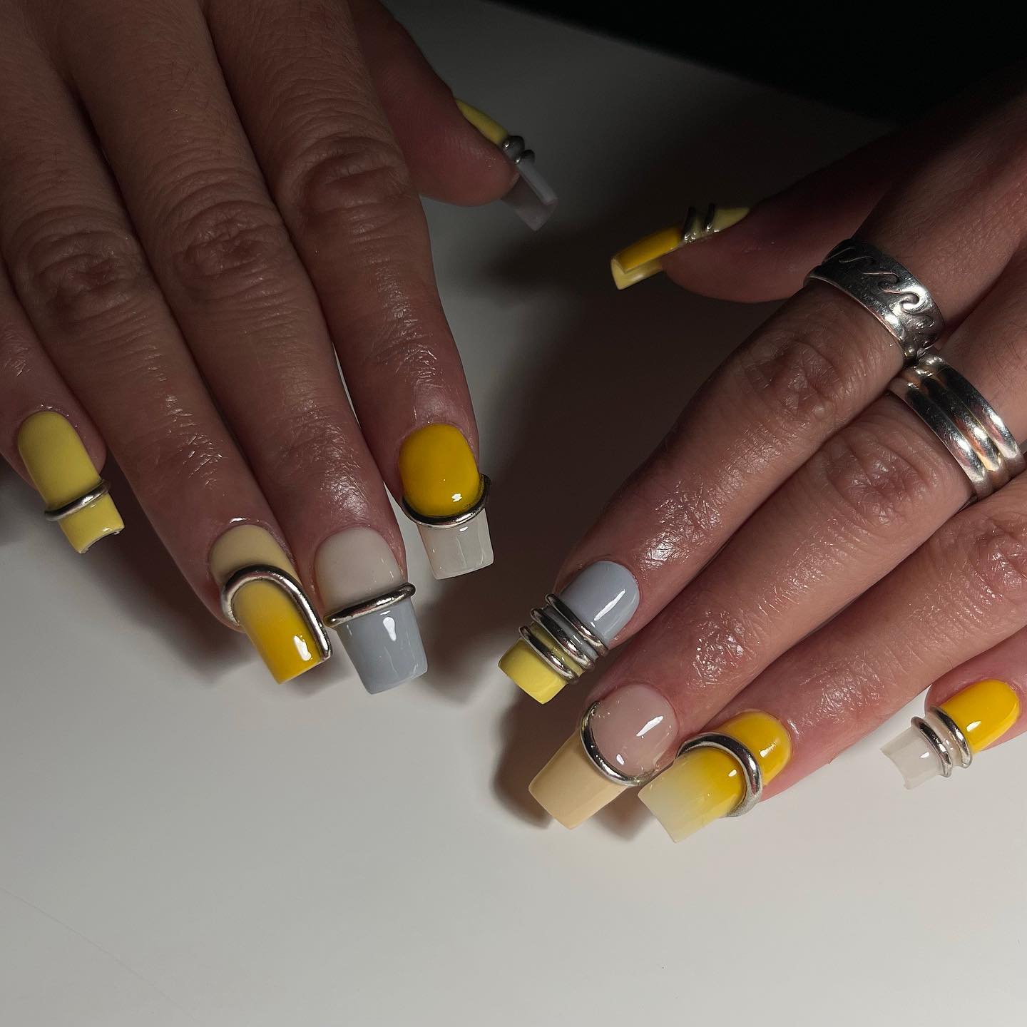 Chic Yellow and Grey Color Block Nails