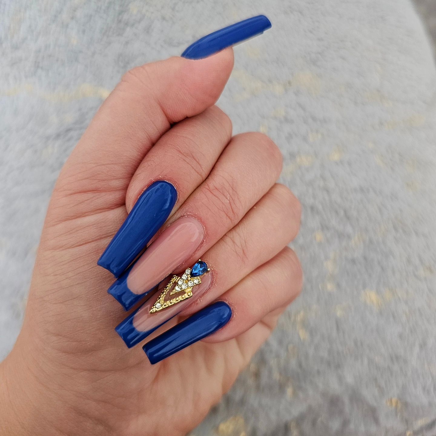 Dazzling Blue Coffin Nails with Gold and Rhinestones
