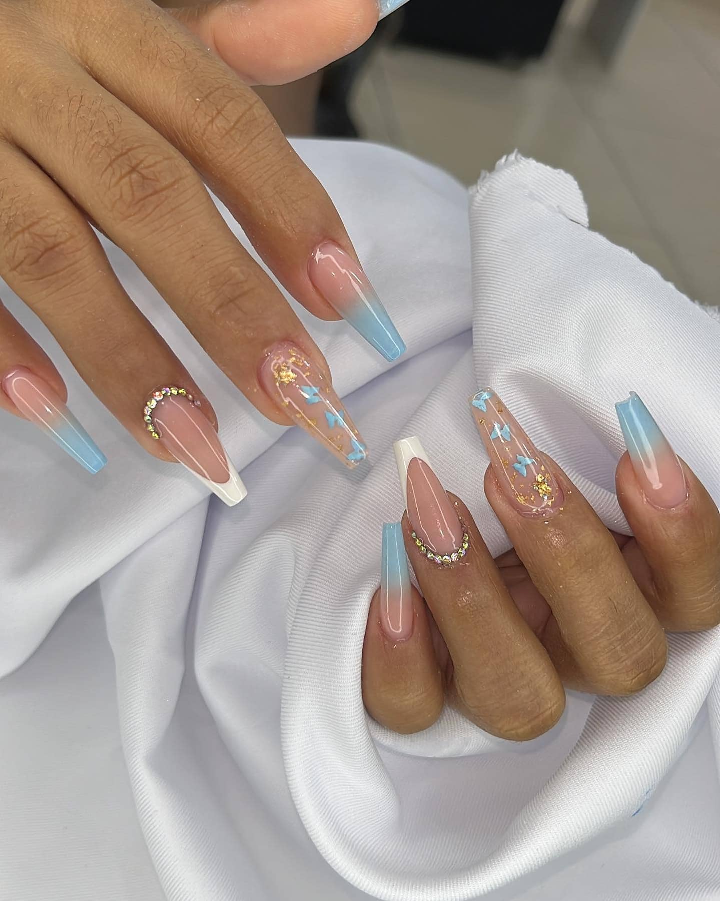 Elegant Baby Blue Ombre with Gold Foil and Rhinestones