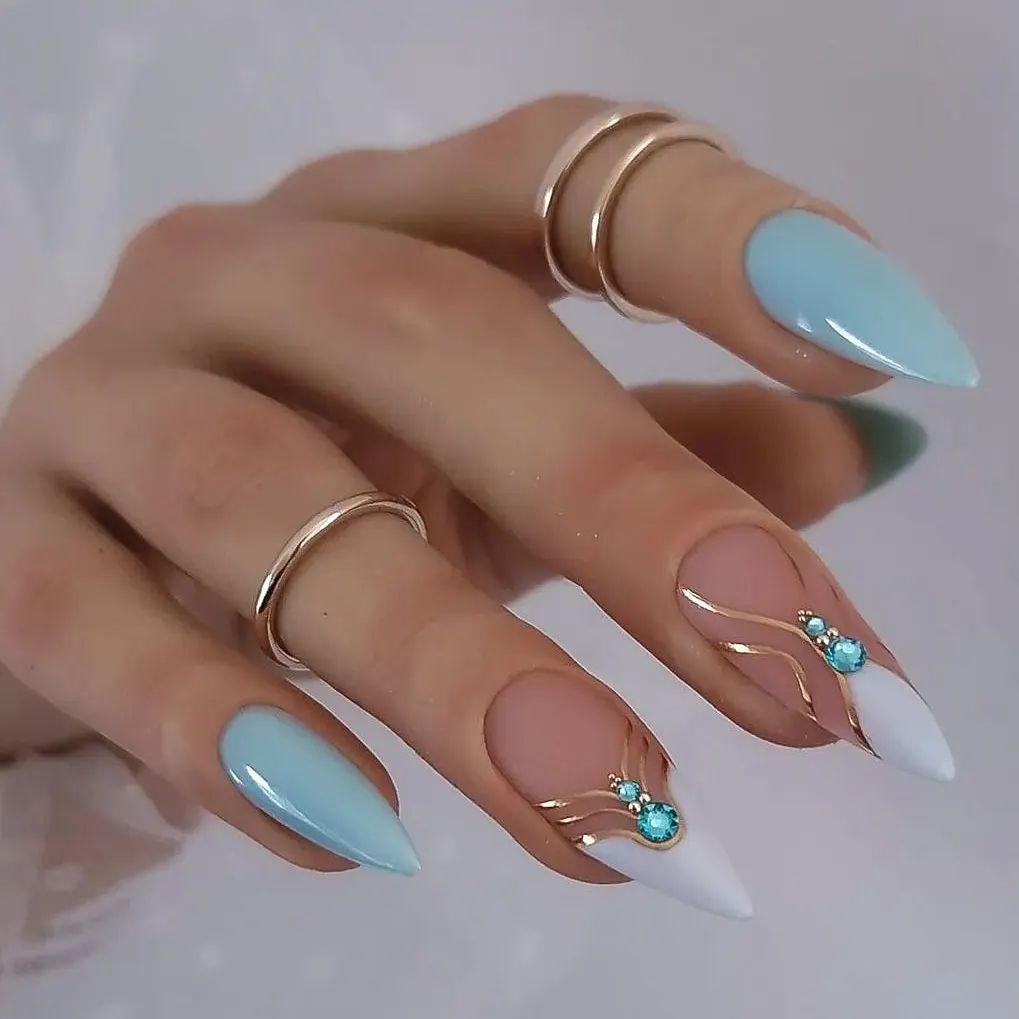 Elegant Blue and Nude Almond Stiletto Nails with Jewels