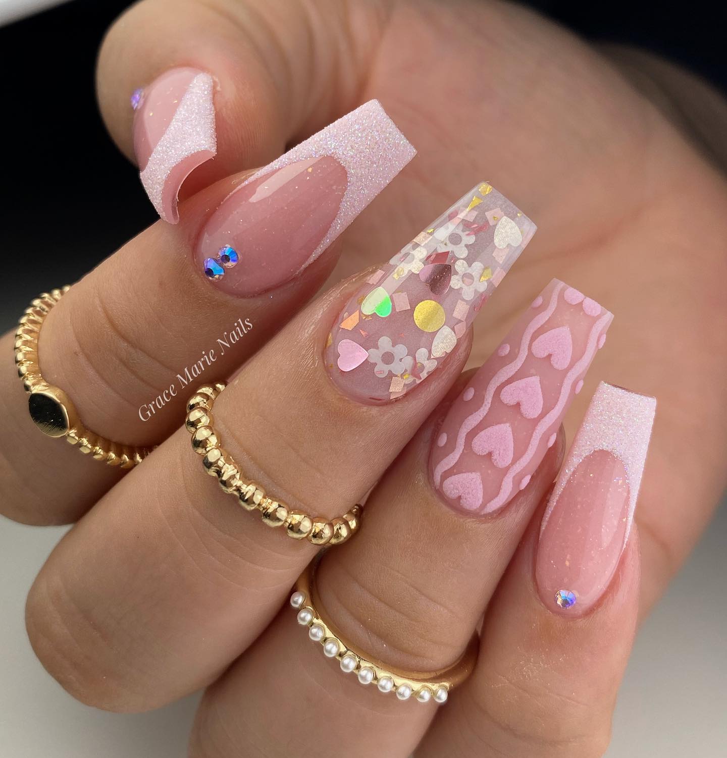 Elegant Pink Glitter Coffin Nails with Floral Charm