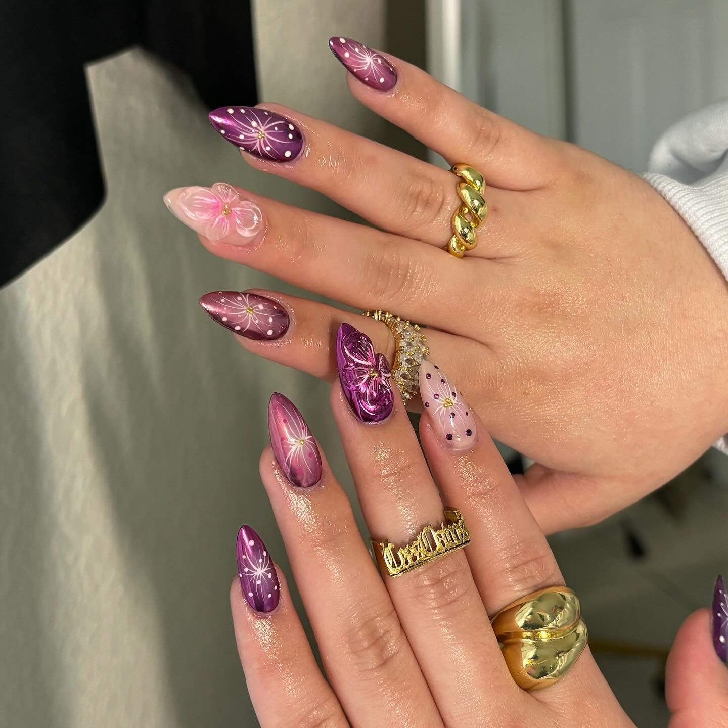 Elegant Purple Floral Stiletto Manicure