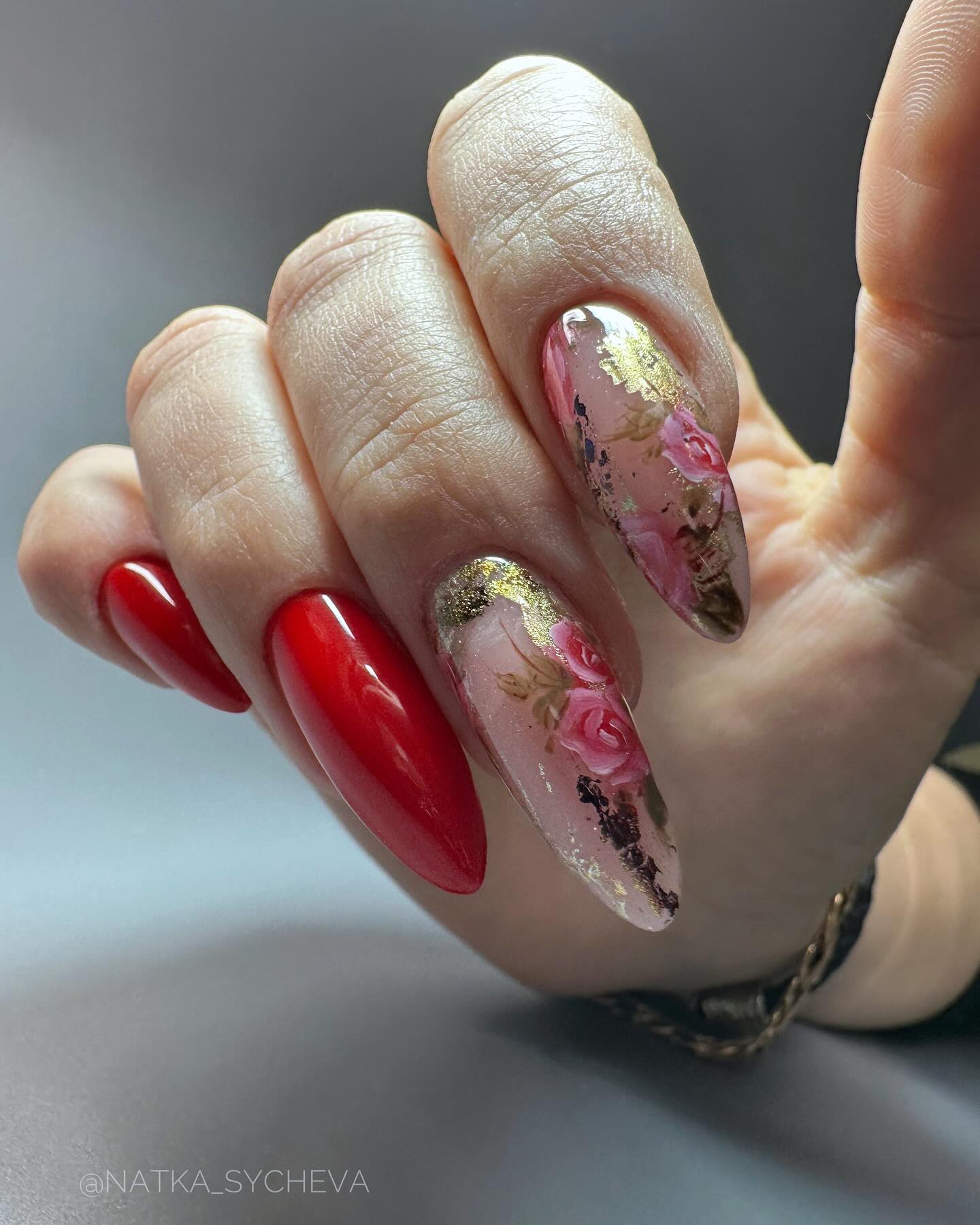 Elegant Red and Floral Gold-Touched Nails