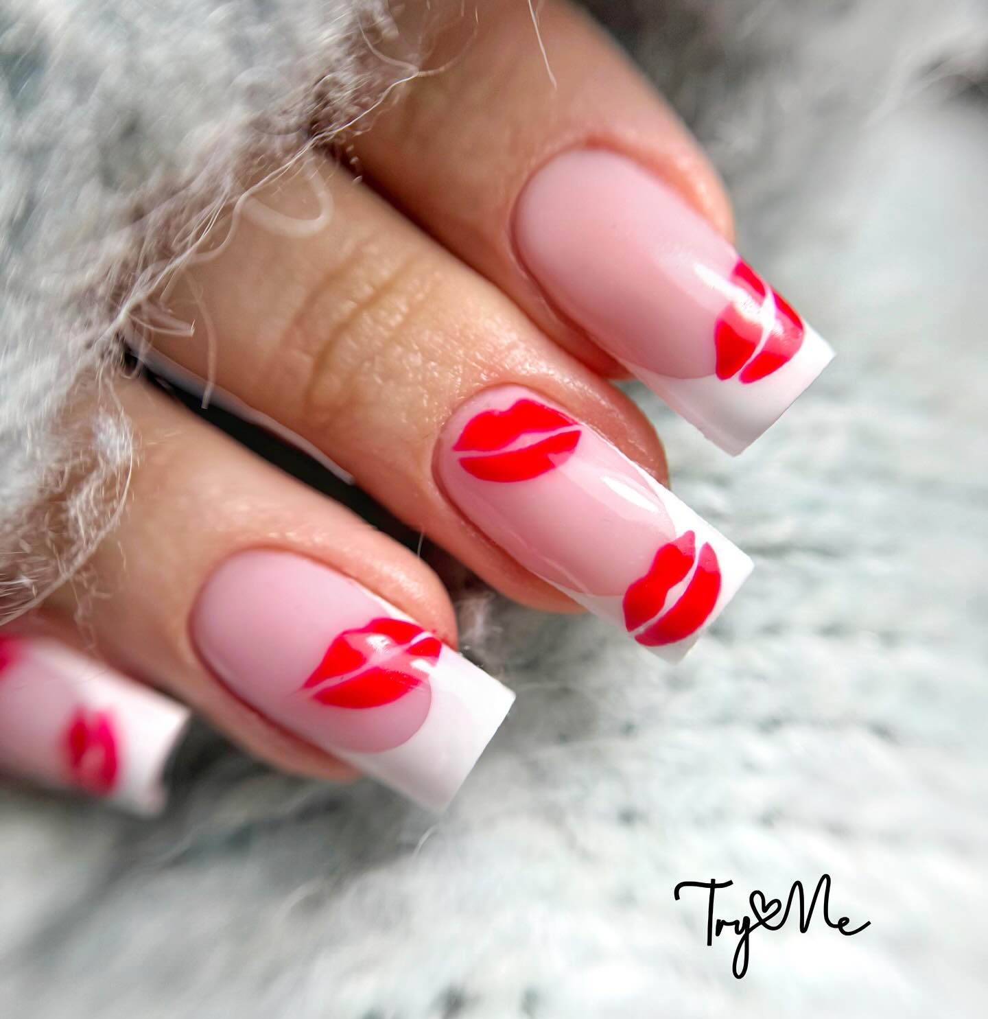 Flirty French Tips with Red Lip Prints