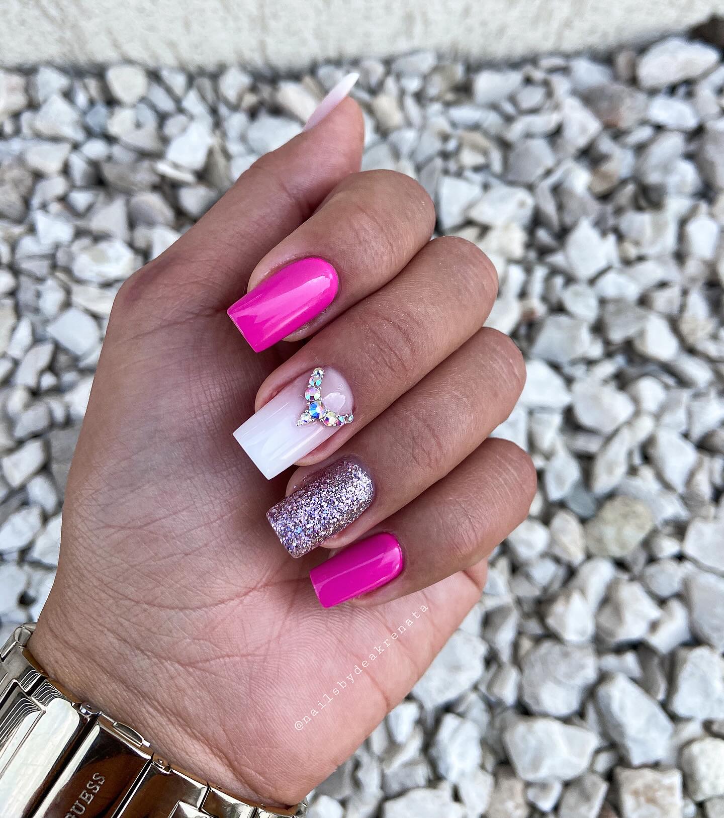 Glam Pink Ombre and Sparkle Stiletto Nails