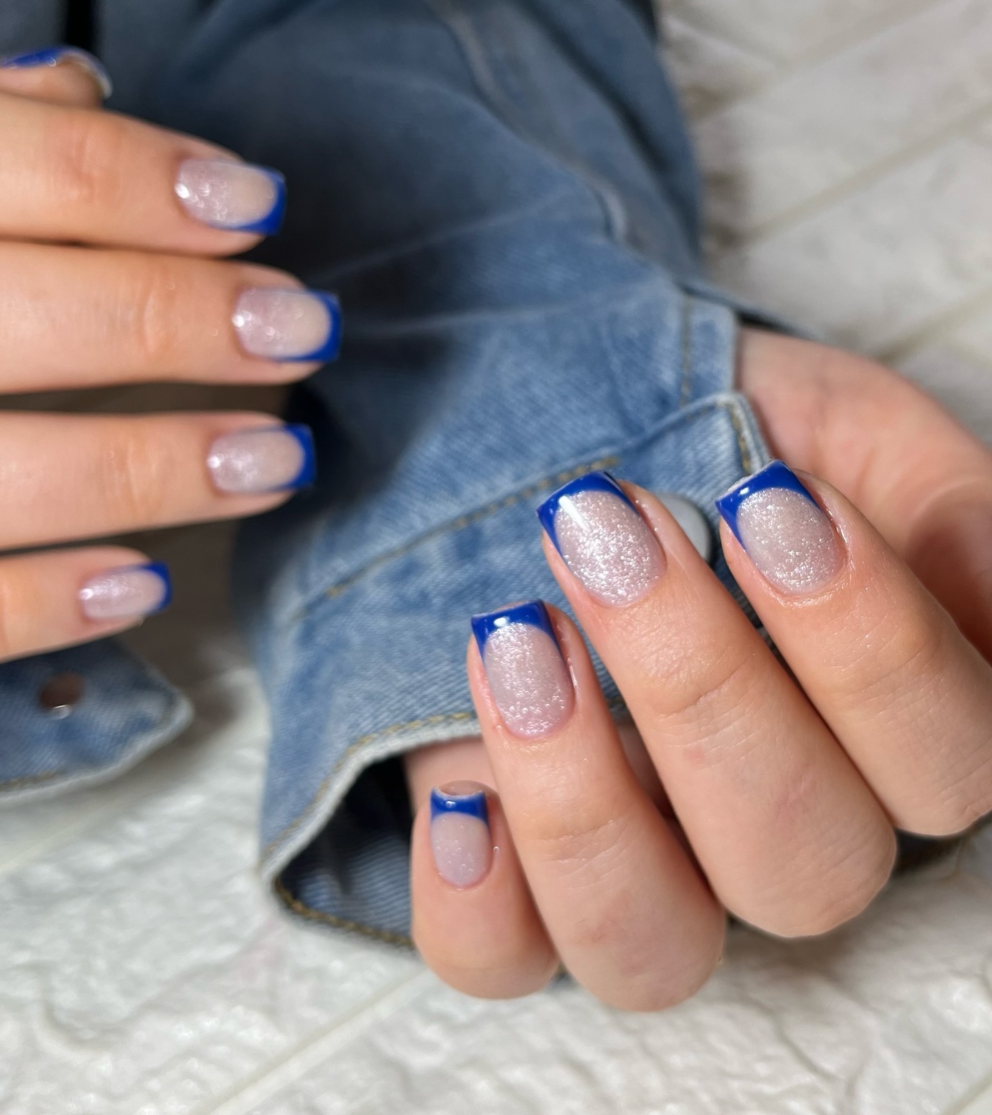 Glamorous Blue French Tips with Glitter Ombre