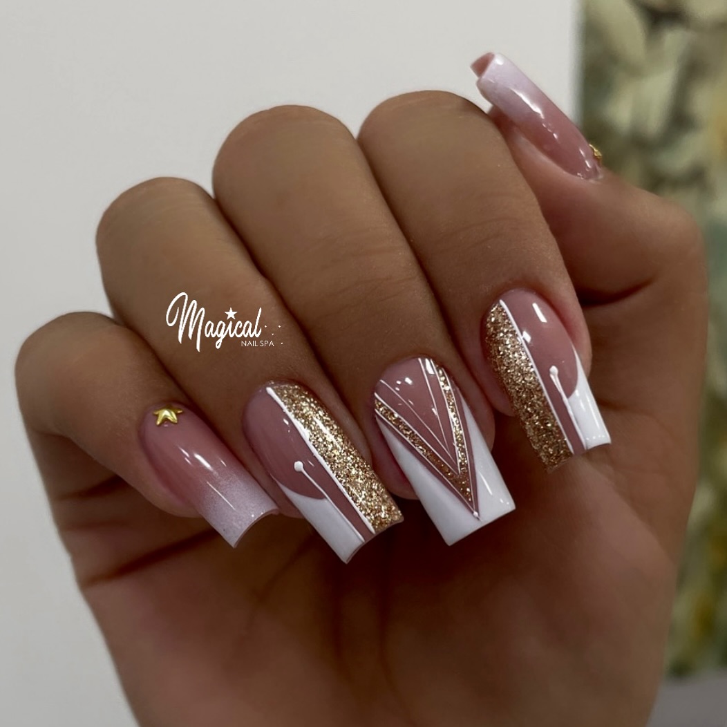 Glamorous Ombre and Gold Glitter Nail Design