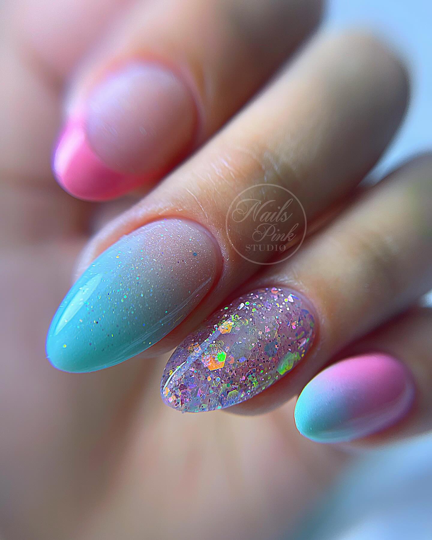 Glamorous Pink and Blue Ombre Nails with Glitter
