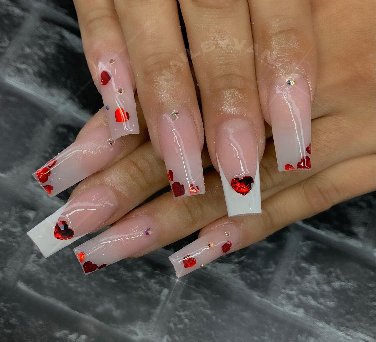 Glittery Hearts on Ombre Coffin Nails for Romance