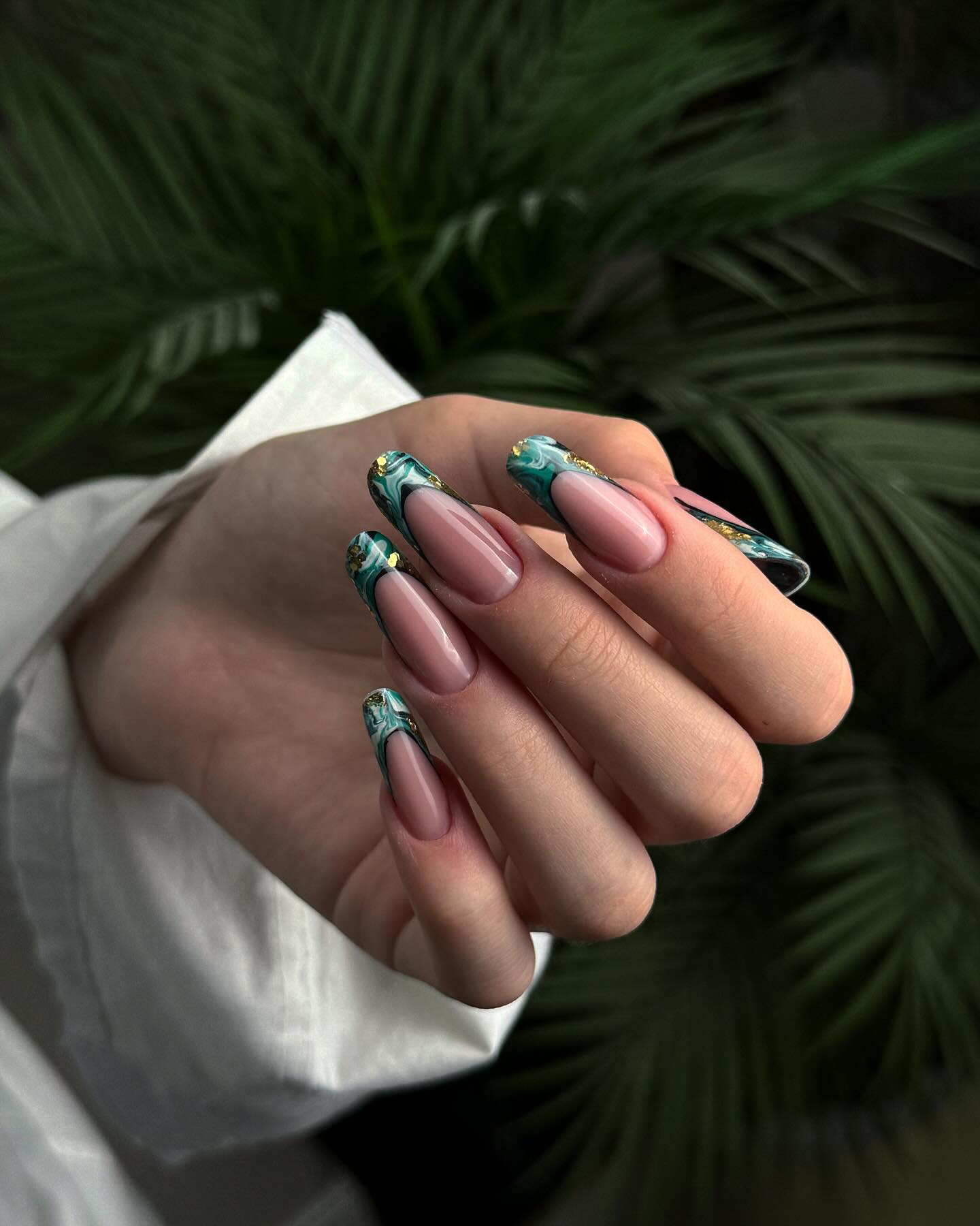 Green Marble Elegance on Long Coffin Nails