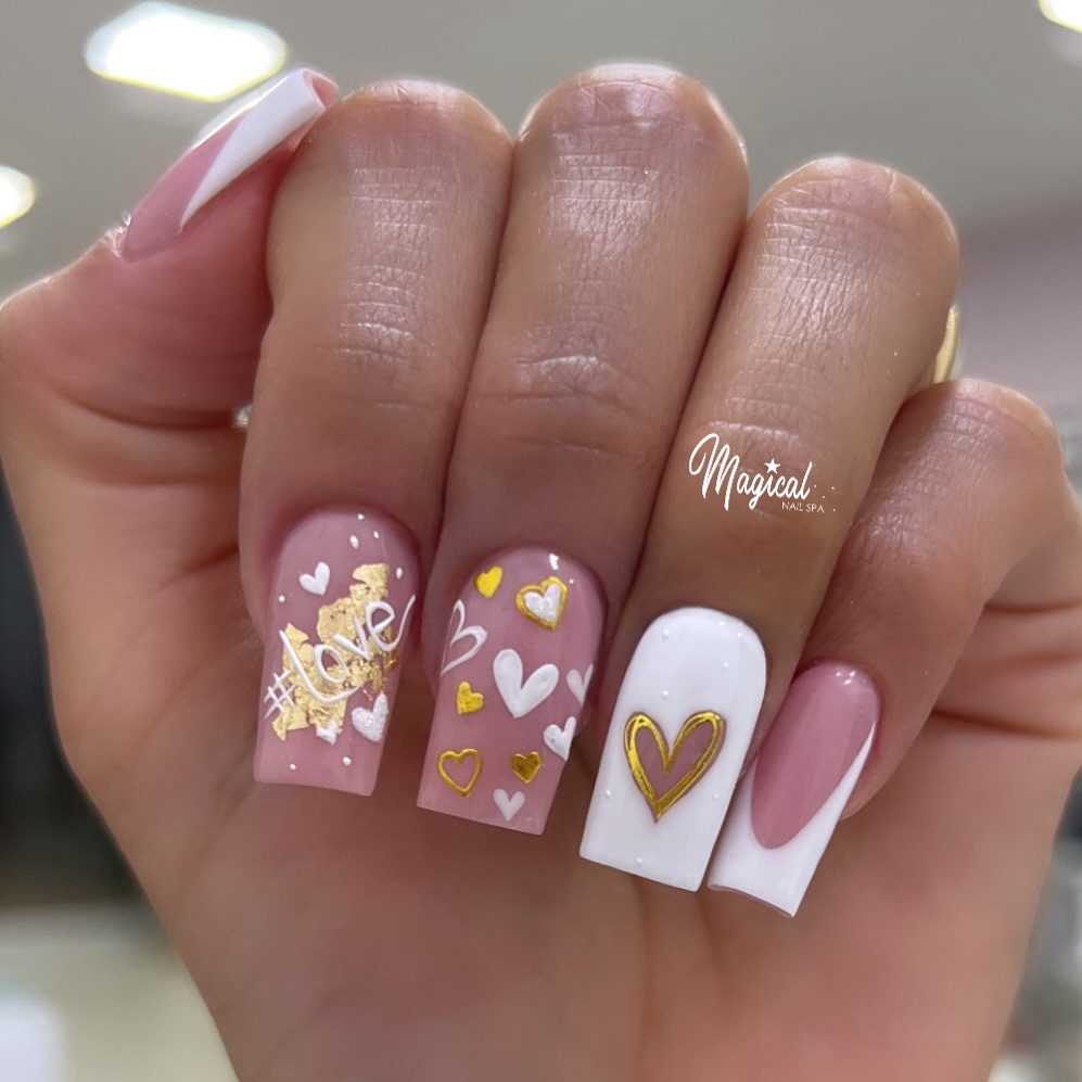 Love-Struck Pink Ombre and Hearts Nail Design