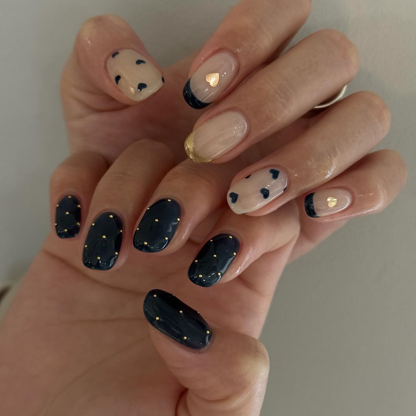 Navy and Nude Nails with Abstract Design and Gold Flakes