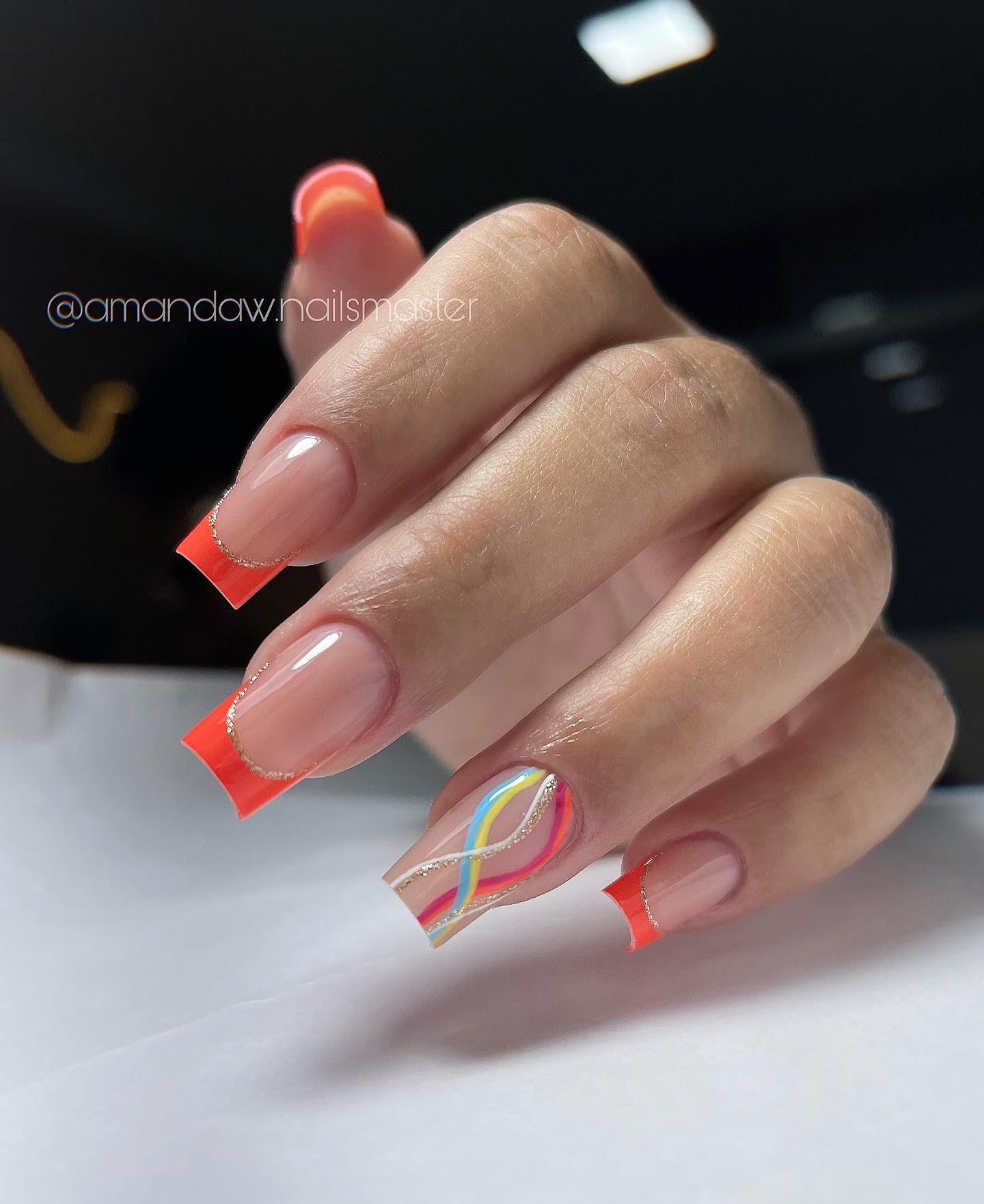 Neon Orange French Tips with Glitter Outline