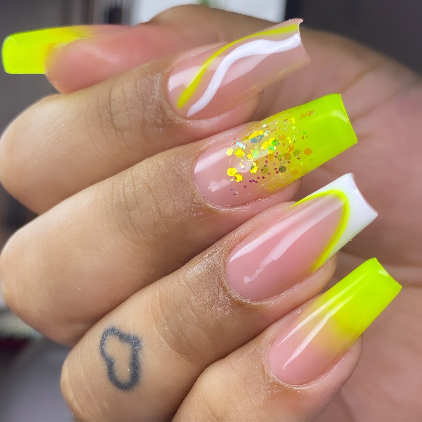 Neon Yellow Tips with Swirl and Glitter Accent