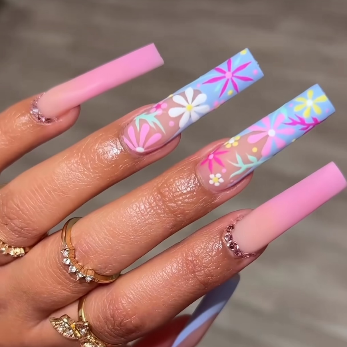 Pastel Floral Dream on Long Coffin Nails