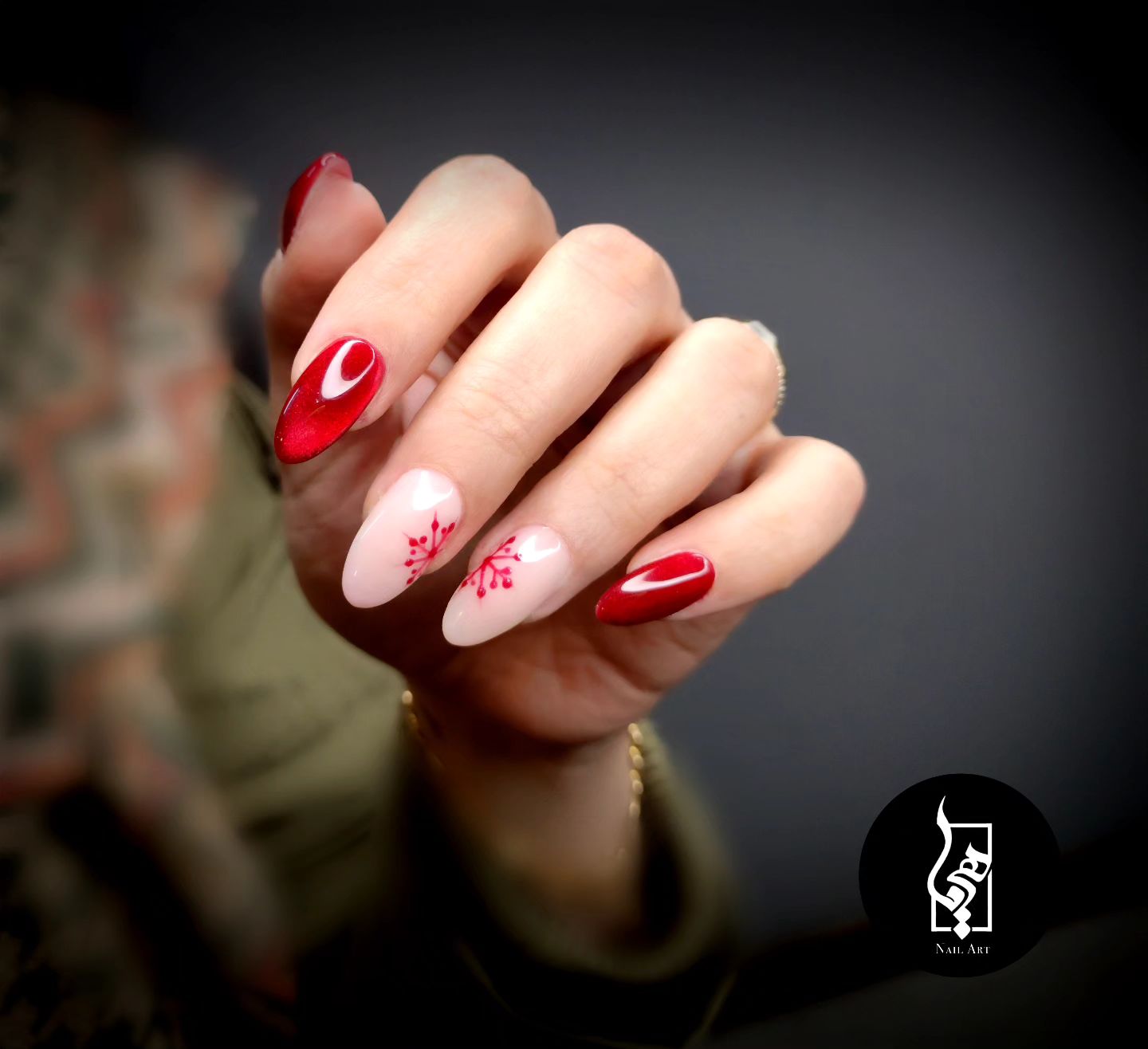 Romantic Floral Almond Nails in Red and White