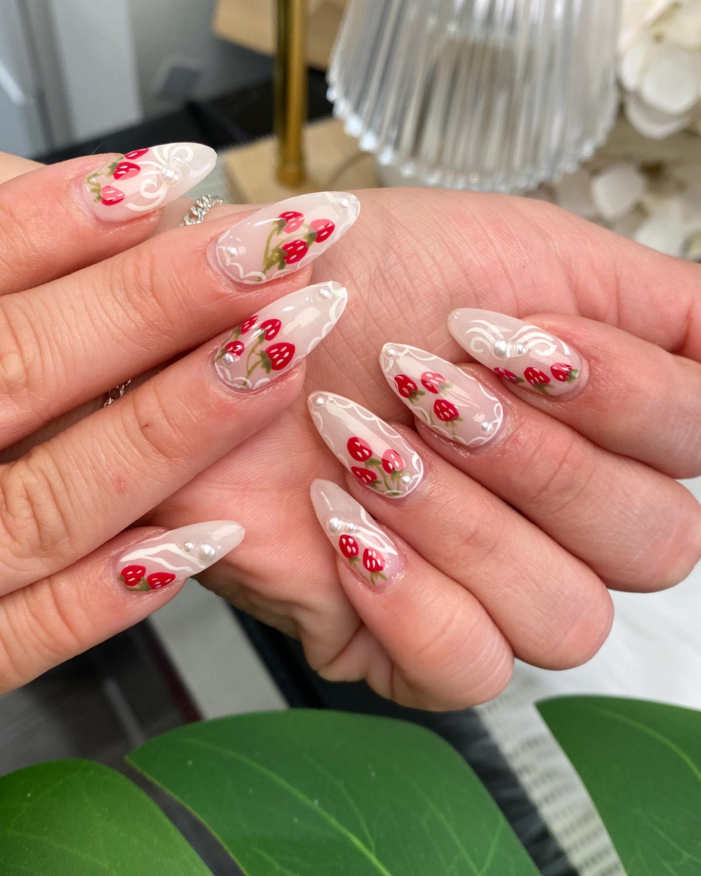 Spring Bloom Stiletto Nails with Red Floral Charm