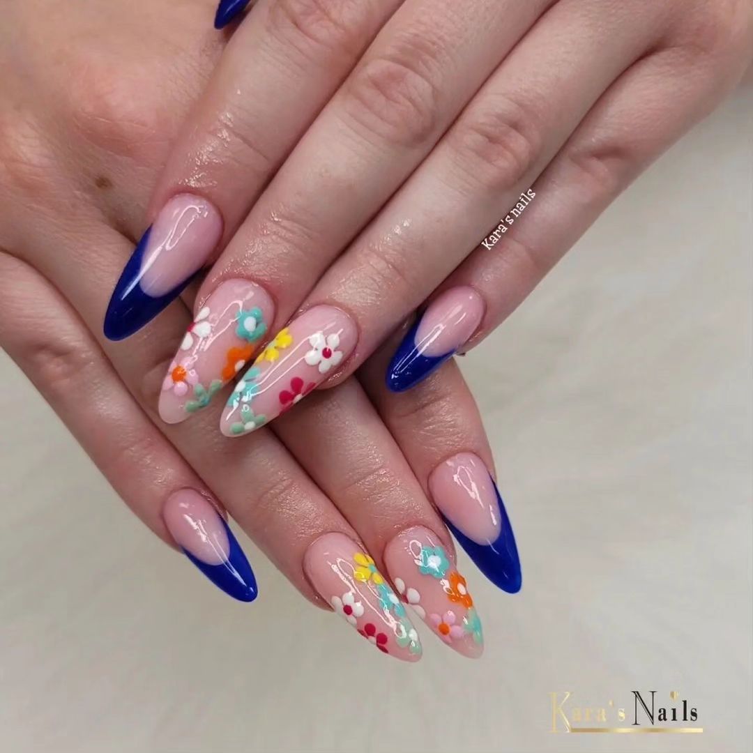 Spring Floral and Blue Stiletto Nail Artistry