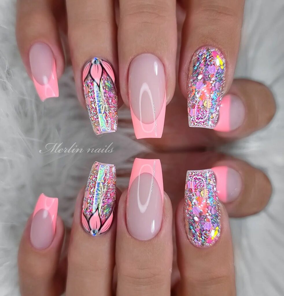 Luxurious Multicolored Glitter on Elegant Pink Nails