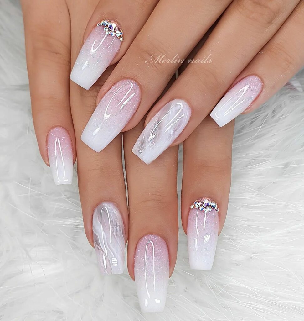 Sophisticated Pink & White Gradient Glitter Nail Art