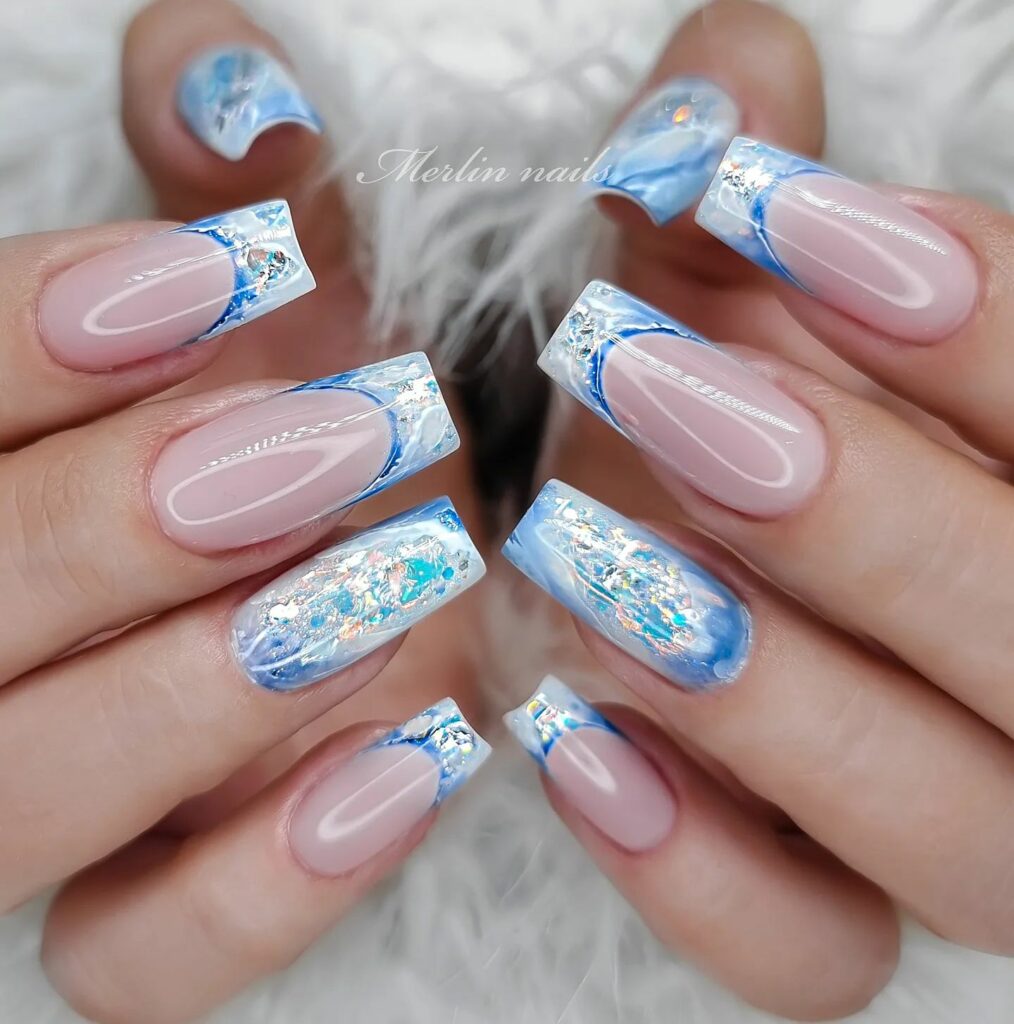 Glossy Pink Base with Striking Blue Tips and Foil Accents