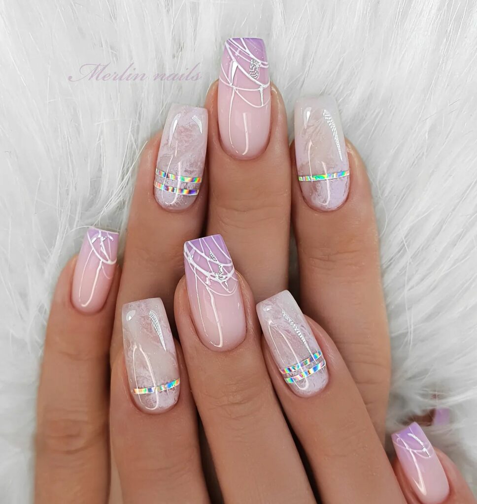 Chic Shiny Pink Nails with White Patterns & Holographic Accents