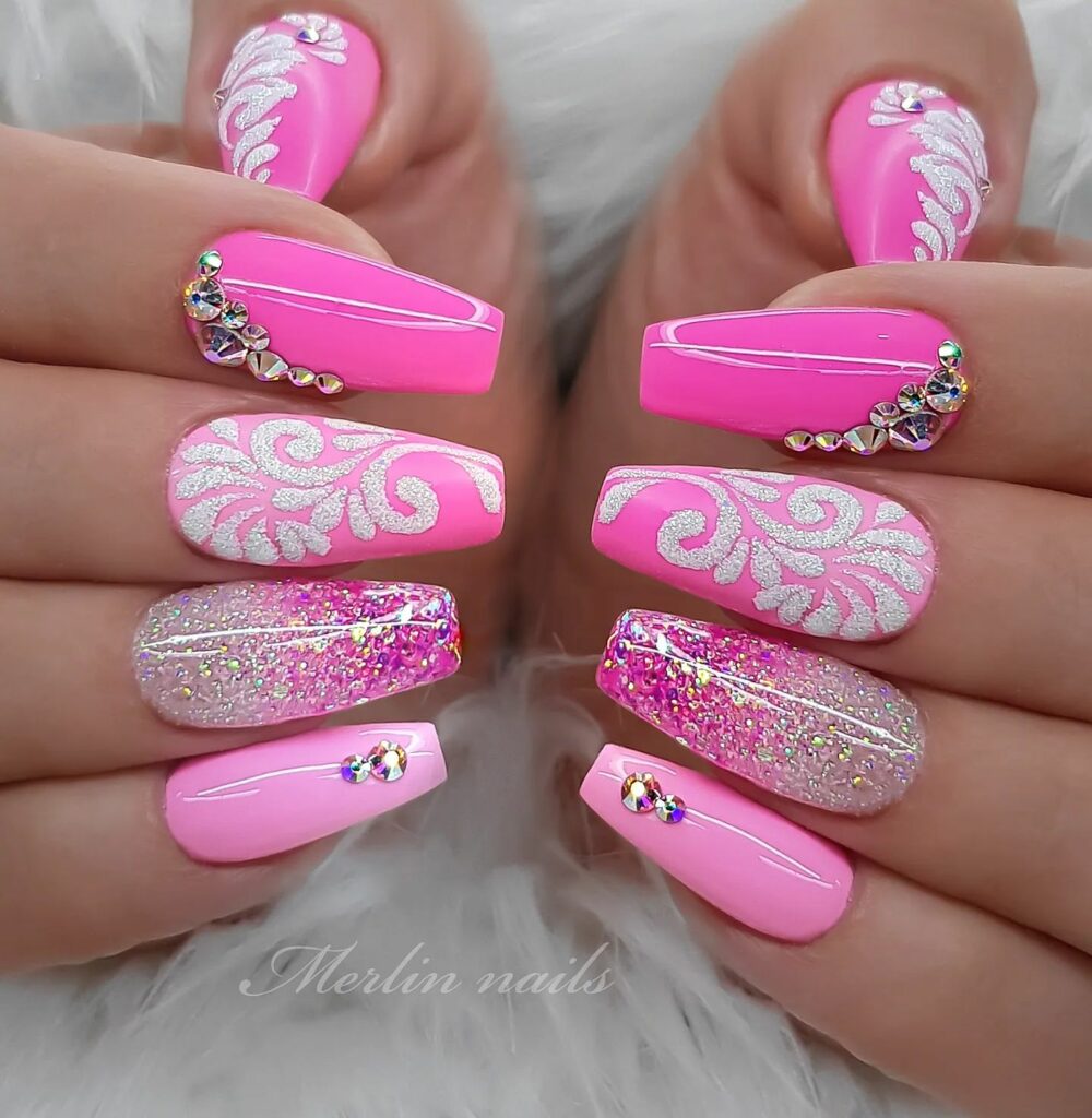 Sparkling Pink Glitter Nails: Glossy, Rhinestone Accents