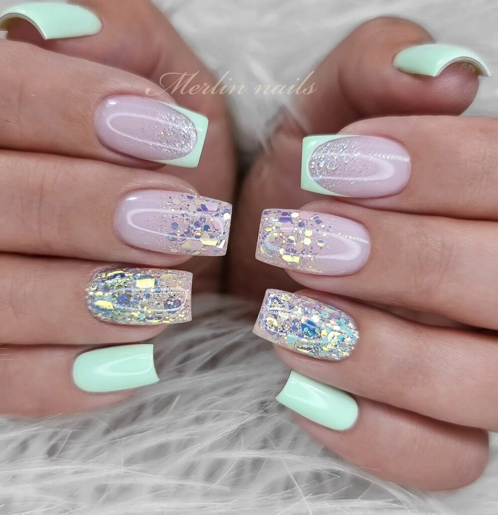 Mint & Pink Glam: Sparkling Nail Art with Gold Glitter