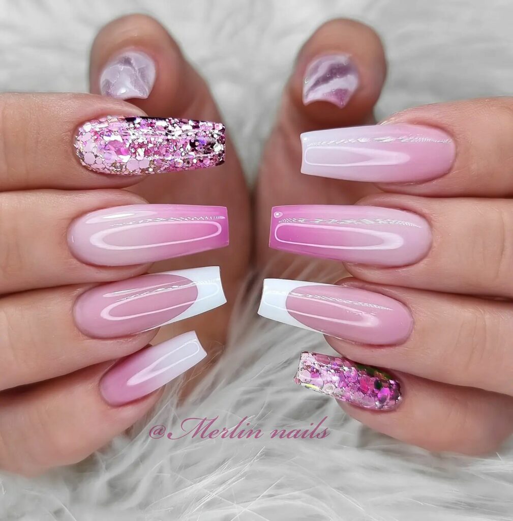 Sparkling Pink & White Nail Art with Glitter Accents