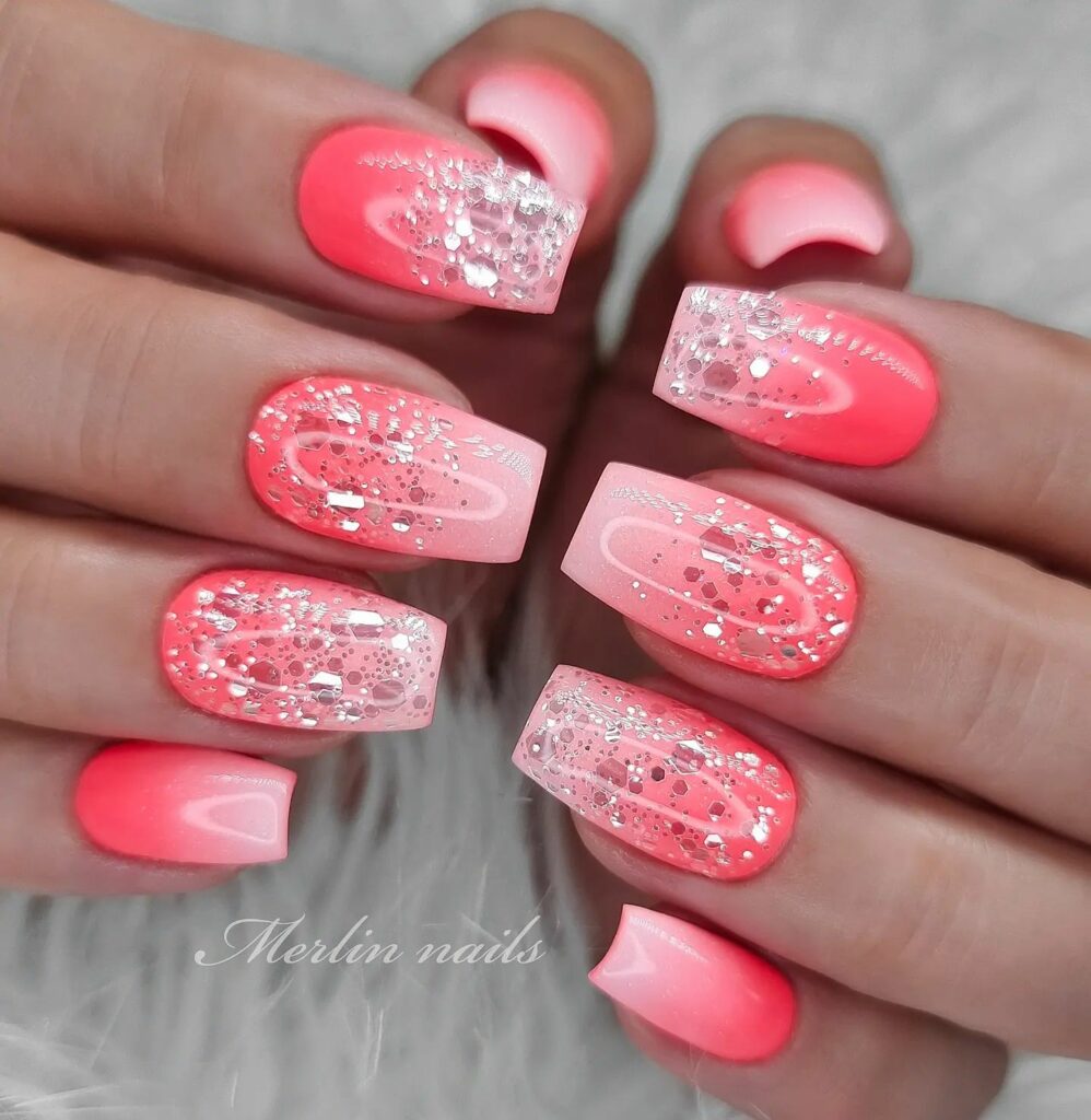 Glamorous Coral Pink & Sparkling Silver Glitter Nails