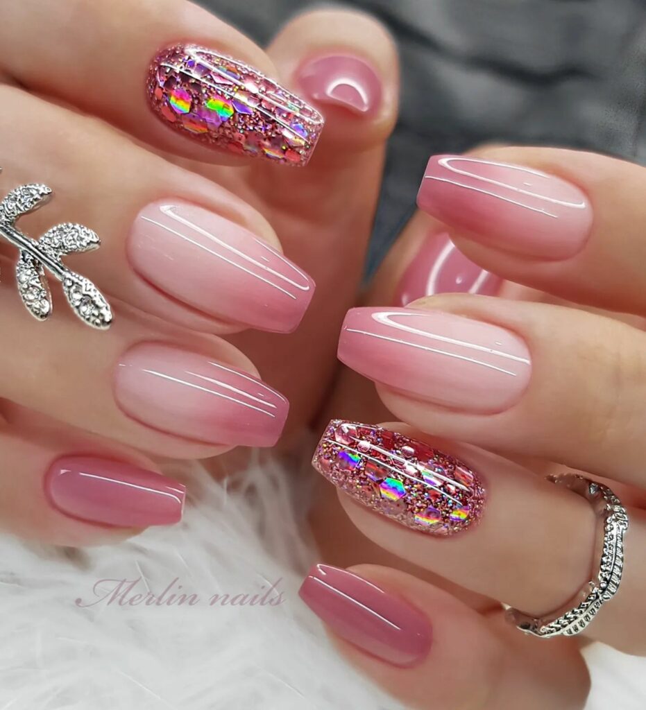 Glossy Pink Nails with Glamorous Glitter Accents